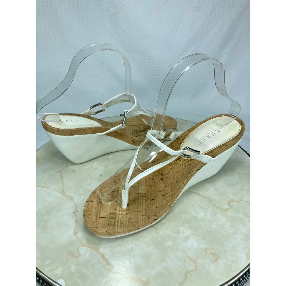 Lauren Ralph Lauren Rula Wedge Thong Sandals Women 8.5 White T-Strap Comfy Shoes